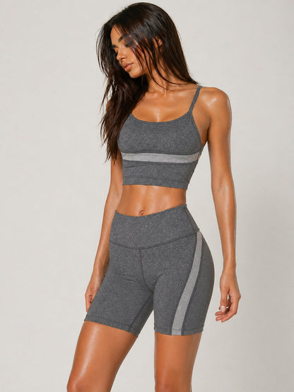 Trophy Yoga Curve Panel sports bra in gray, made in USA, front view