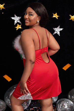 Red holiday night longline chemise with lace details, back view, made by 3wishes.com, sexy lingerie for festive occasions.