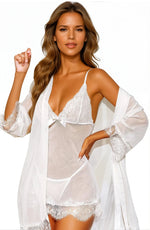 White sheer babydoll and robe set from 3wishes.com, featuring delicate lace and lightweight, transparent lingerie for a soft, elegant look.