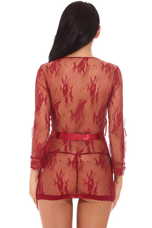 Red delicate lace short robe from 3wishes.com showing back view with intricate lace details and satin ribbons.