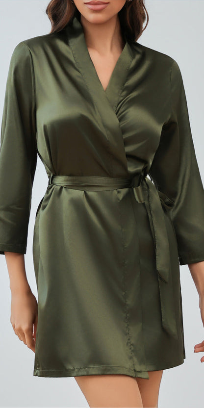 Olive green plus size satin robe from 3wishes.com, front view showing smooth fabric and classic design.