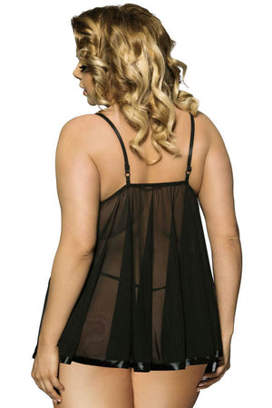 Black plus size mesh babydoll from 3wishes.com, featuring a soft, sheer design with delicate straps and a flowing silhouette.
