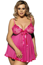 Pink plus size mesh and floral babydoll from 3wishes.com, featuring delicate lace and sheer fabric with floral accents.