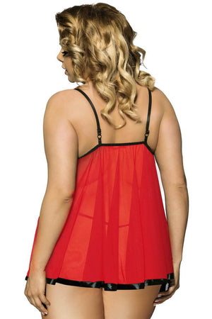 Plus size red and black mesh babydoll with lace details, back view, featuring sheer fabric and adjustable straps.