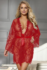 Red short eyelash lace robe with delicate floral pattern, featuring a front tie and scalloped edges, from 3wishes.com.