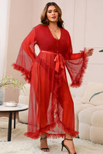Red long mesh robe with ruffle details, featuring a flowing design and lightweight fabric from 3wishes.com.