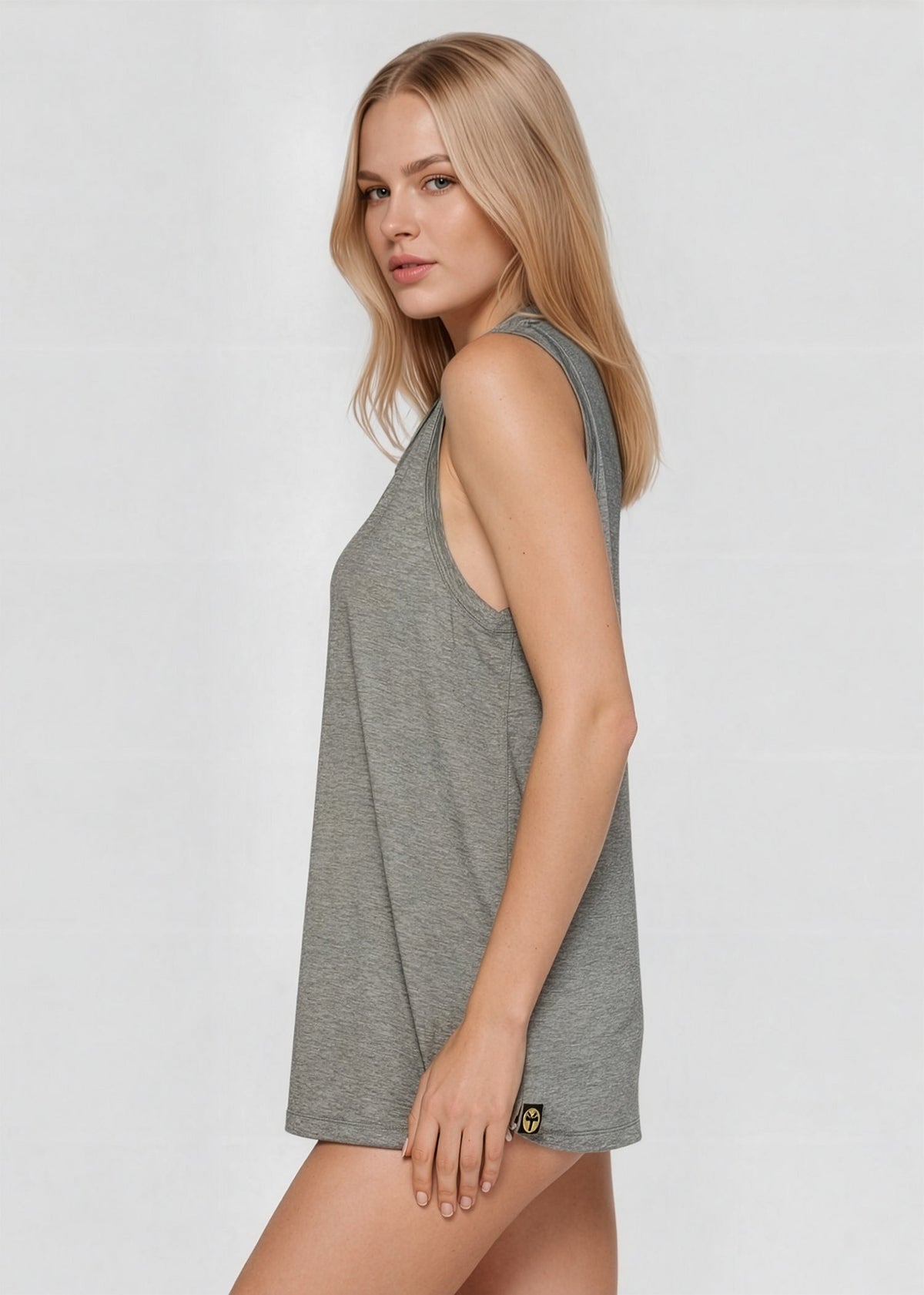 Trophy Yoga relaxed fit tank top, made in USA, front view in soft neutral fabric