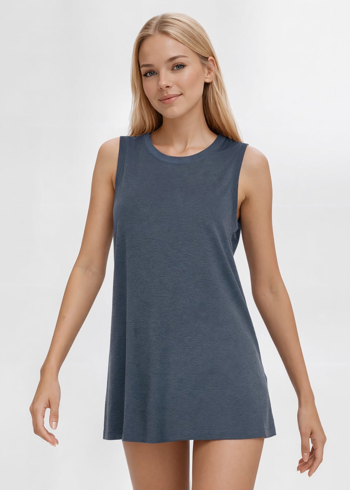 Trophy Yoga relaxed fit tank top, made in USA, sleeveless design in soft neutral fabric