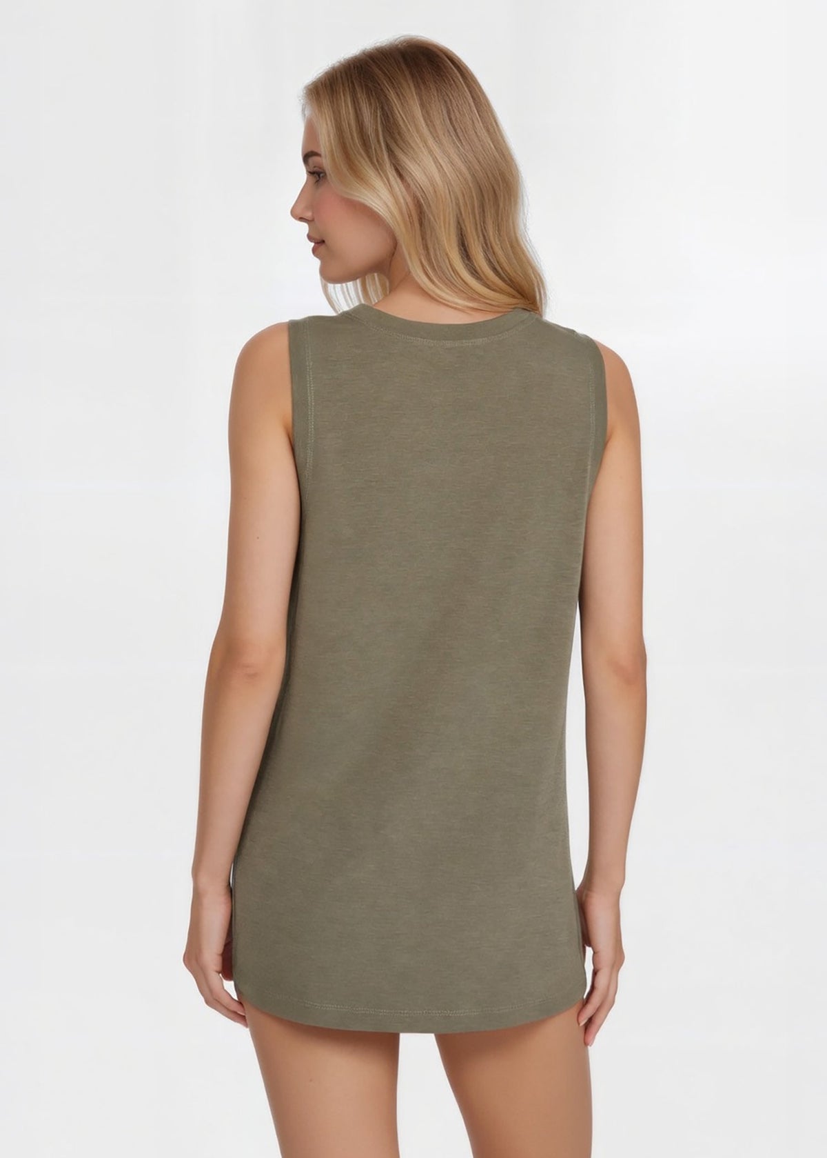 Trophy Yoga relaxed fit tank top made in USA, front view in soft gray fabric
