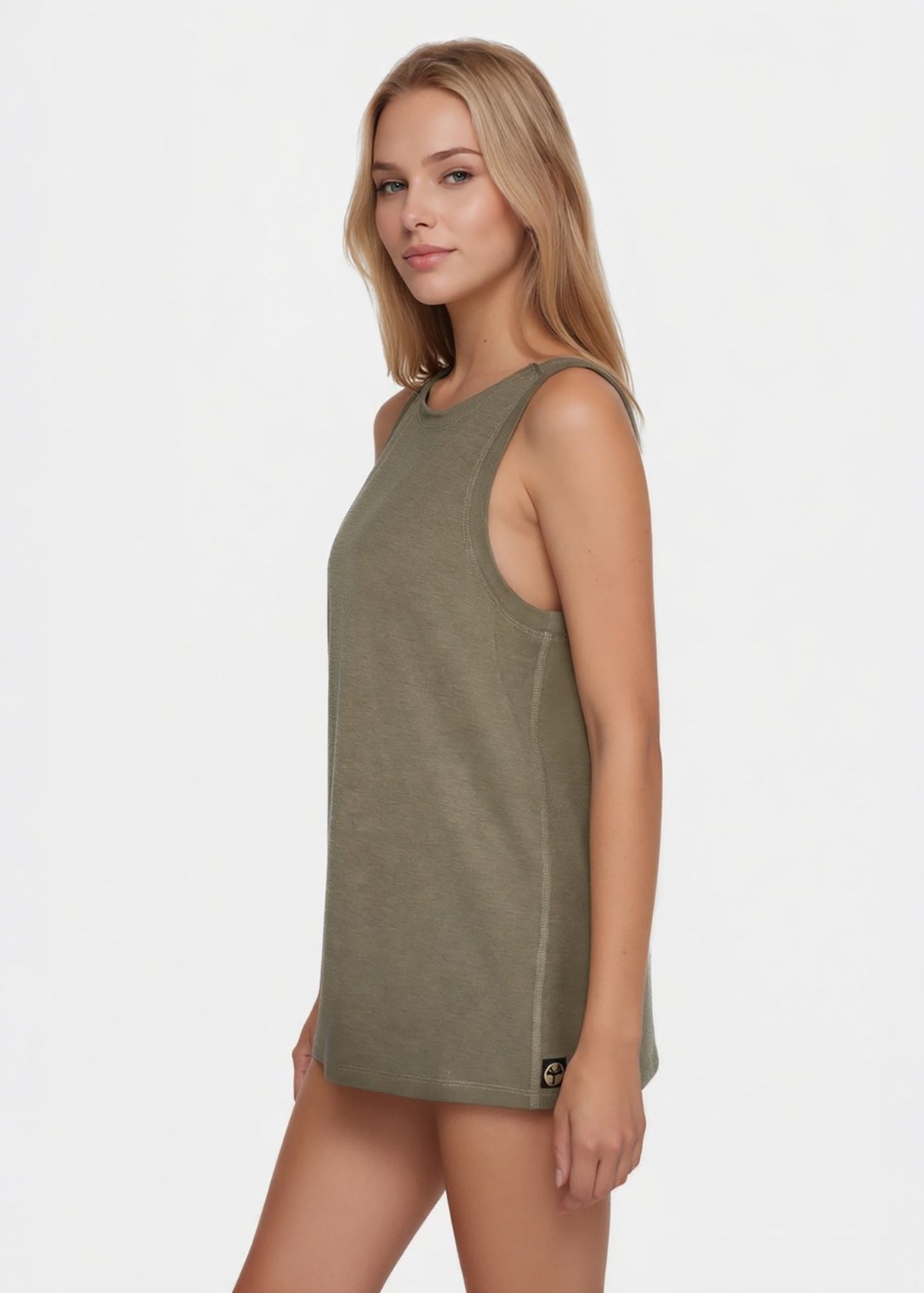 Trophy Yoga relaxed fit tank top, made in USA, lightweight sleeveless shirt in a clean studio view