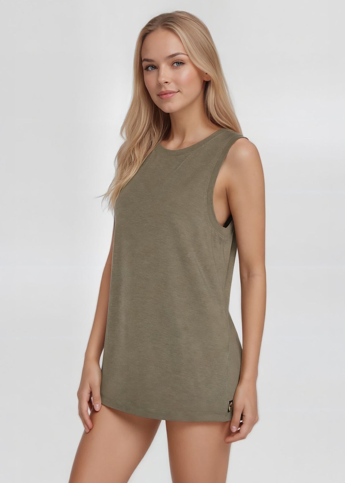 Trophy Yoga relaxed fit tank top, made in USA, displayed on model