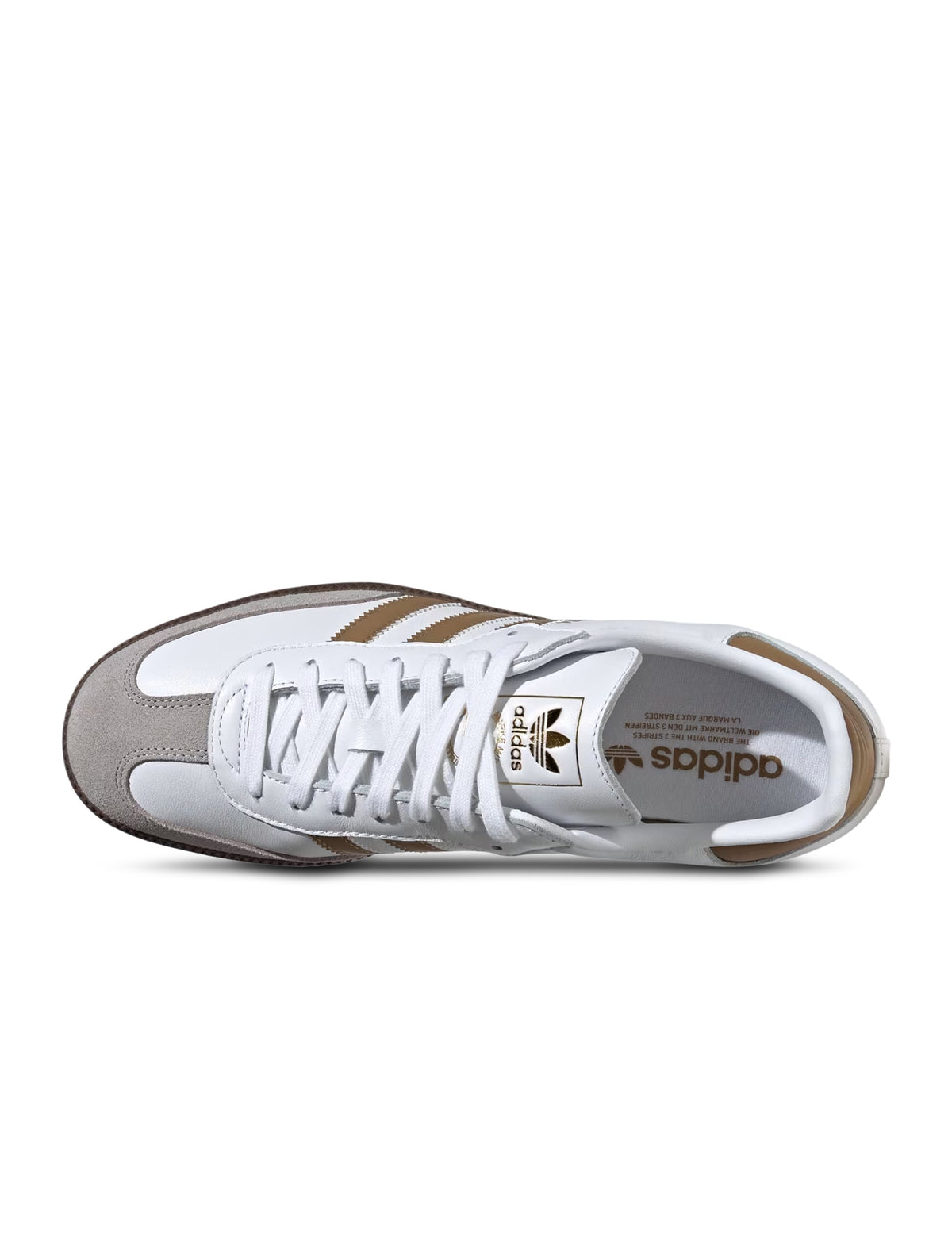 White and gum Adidas Men's Samba OG sneakers, side view.