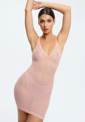 Sheer Mesh Lace Trim Slip Dress Blush Lotus Rosewater-0