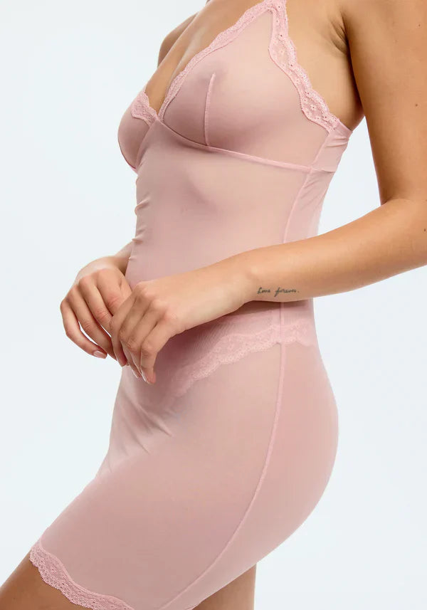 Blush Lotus Rosewater Sheer Mesh Lace Trim Slip Dress-2