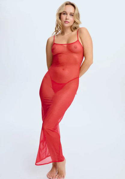Blush The Mesh Red Sheer Mesh Stretch Maxi Dress-0