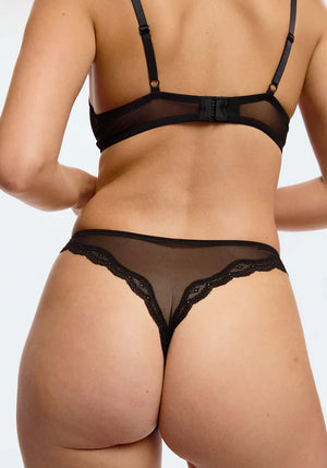 Sheer Lace Trim High Leg Thong Blush Lotus Black-1