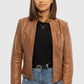 Whet Blu NYC Rexie women's dark cognac fashion leather jacket, side front view
