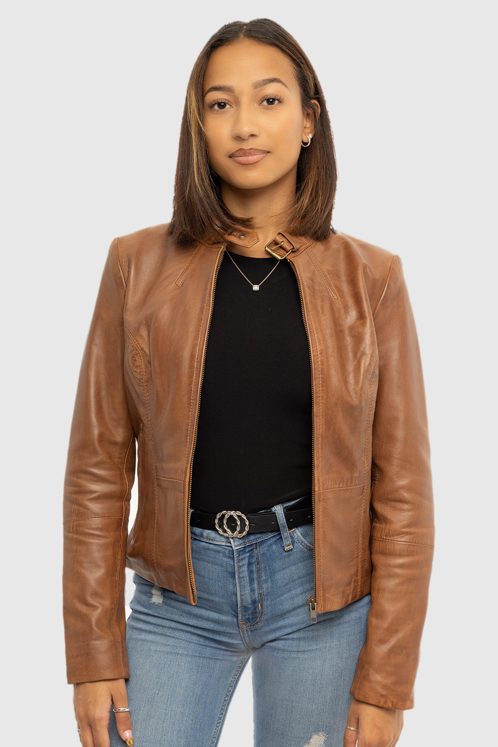 Whet Blu NYC Rexie women's dark cognac fashion leather jacket, side front view
