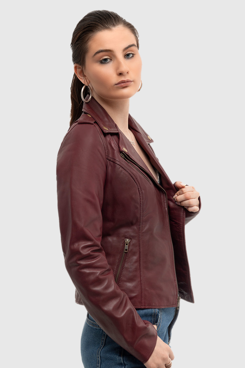 Whet Blu NYC Harper women's lambskin leather moto jacket side view