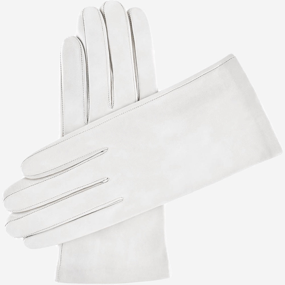 White Sofia Italian lambskin leather winter gloves with silk lining, stylish and warm for cold weather.