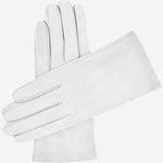 White Sofia Italian lambskin leather winter gloves with silk lining, stylish and warm for cold weather.
