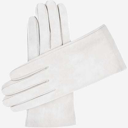 White Sofia Italian lambskin leather winter gloves with silk lining, stylish and warm for cold weather.