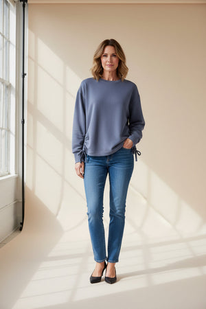 Soft oversized crew neck top by KADOU BOUTIQUE in charcoal color, featuring a relaxed fit and cozy fabric.