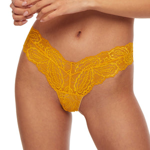 Lavinia Kinga Sunkiss soft lace sheer tanga panty in yellow, front view showcasing delicate lace details and comfortable fit