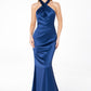 Astee T2005 Fitted Sleek Twisted Halter Top Satin Mermaid Gown