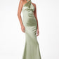 Astee T2005 Fitted Sleek Twisted Halter Top Satin Mermaid Gown