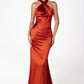 Astee T2005 Fitted Sleek Twisted Halter Top Satin Mermaid Gown