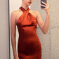Astee T2005 Fitted Sleek Twisted Halter Top Satin Mermaid Gown