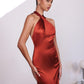 Astee T2005 Fitted Sleek Twisted Halter Top Satin Mermaid Gown