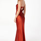 Astee T2006 Tea Length Satin Dress Cut Out Cowl-Like Back