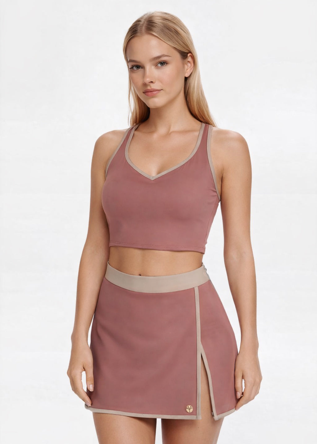 Trophy Yoga contrast cropped sports bra made in USA, front view