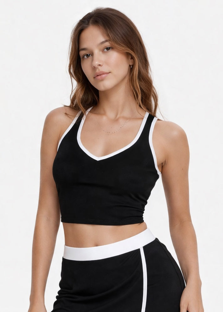 Trophy Yoga contrast cropped sports bra, made in USA, front view with color-blocked design