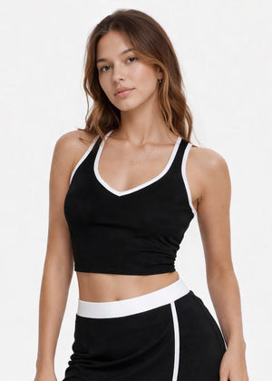 Trophy Yoga contrast cropped sports bra, made in USA, front view with color-blocked design
