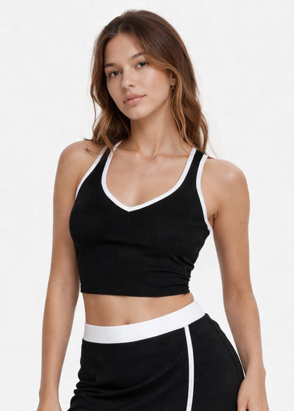 Trophy Yoga contrast cropped sports bra, made in USA, front view with color-blocked design