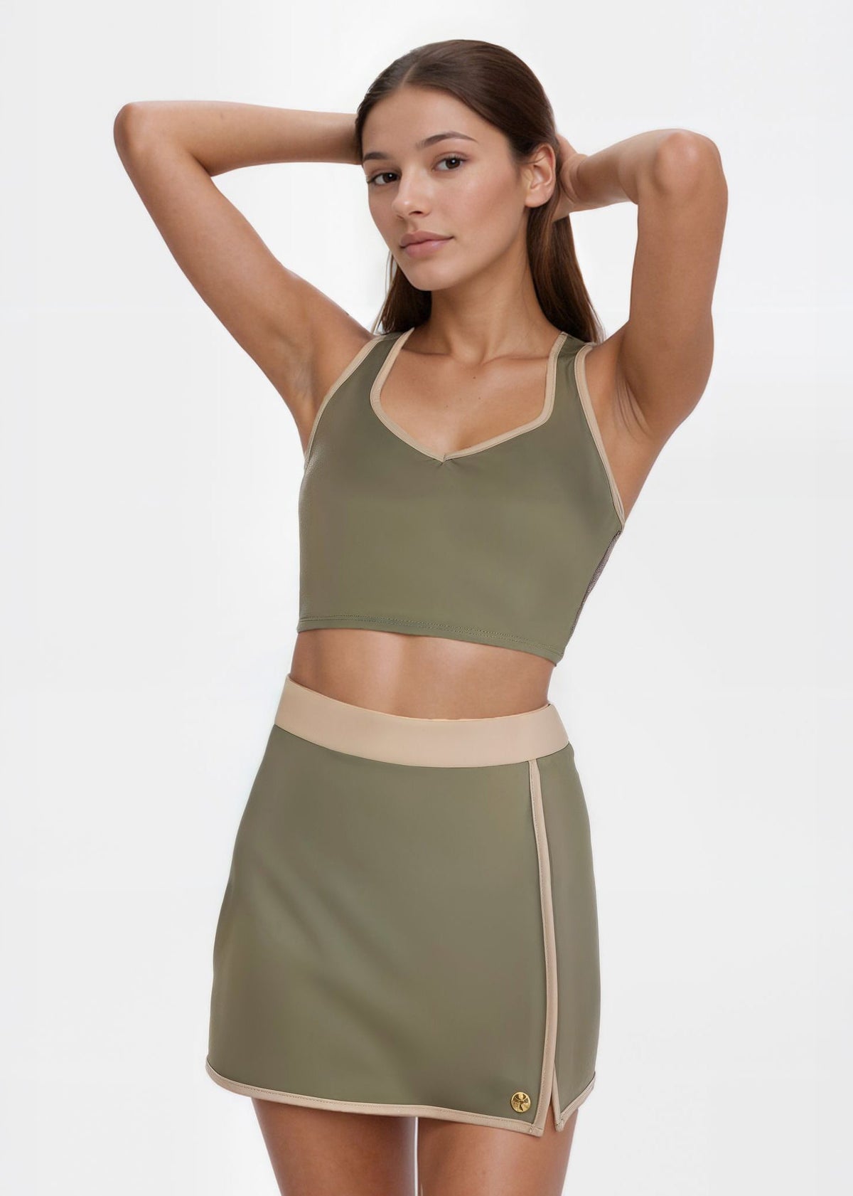 Trophy Yoga contrast cropped sports bra, made in USA, shown from the front.