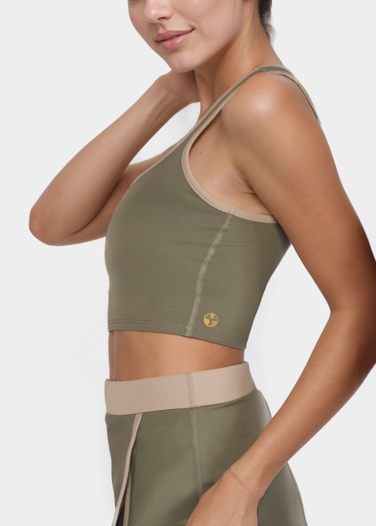 Trophy Yoga contrast cropped sports bra, made in USA, front view with color-blocked design