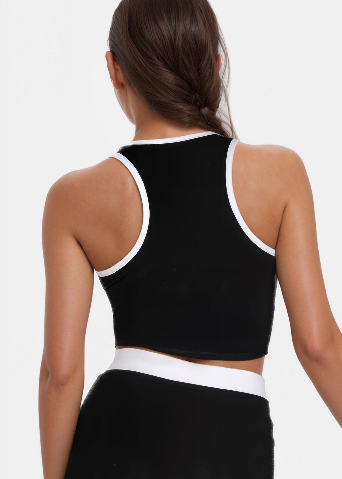 Trophy Yoga contrast cropped sports bra, made in USA, shown in front view