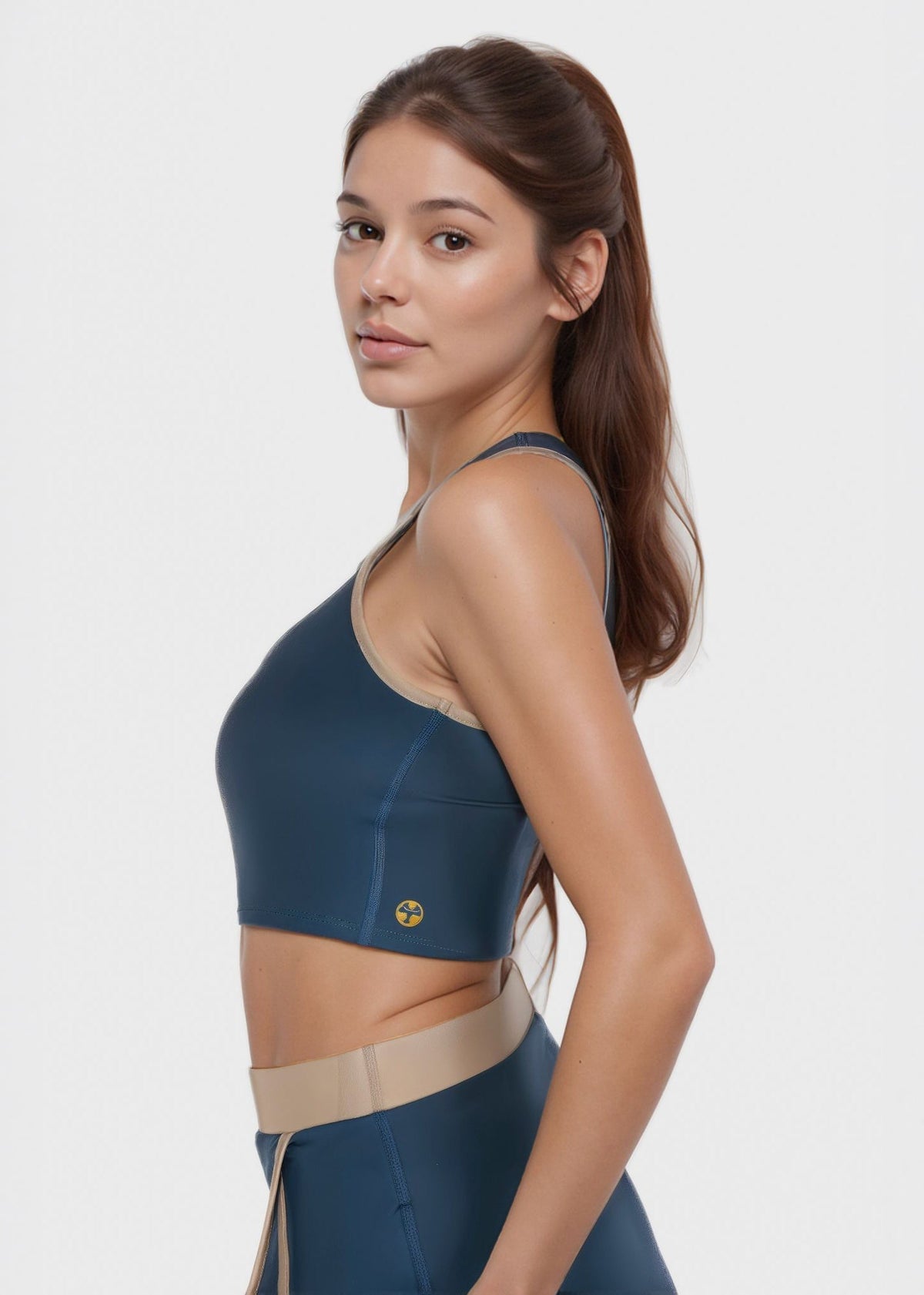 Trophy Yoga contrast cropped sports bra made in USA with supportive fit and colorblock design