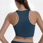 Trophy Yoga contrast cropped sports bra made in USA, front view with supportive racerback straps