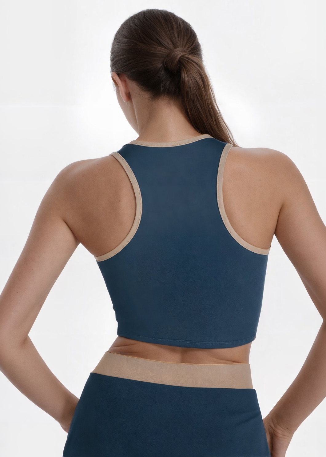 Trophy Yoga contrast cropped sports bra made in USA, front view with supportive racerback straps