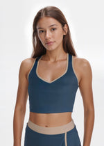 Trophy Yoga contrast cropped sports bra made in USA with supportive fit and color-block design