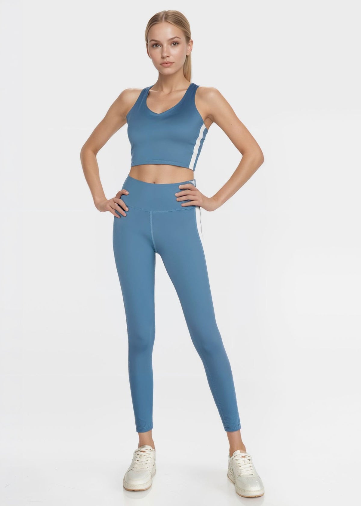Trophy Yoga side split crop top in blue with four-way stretch fabric, made in USA