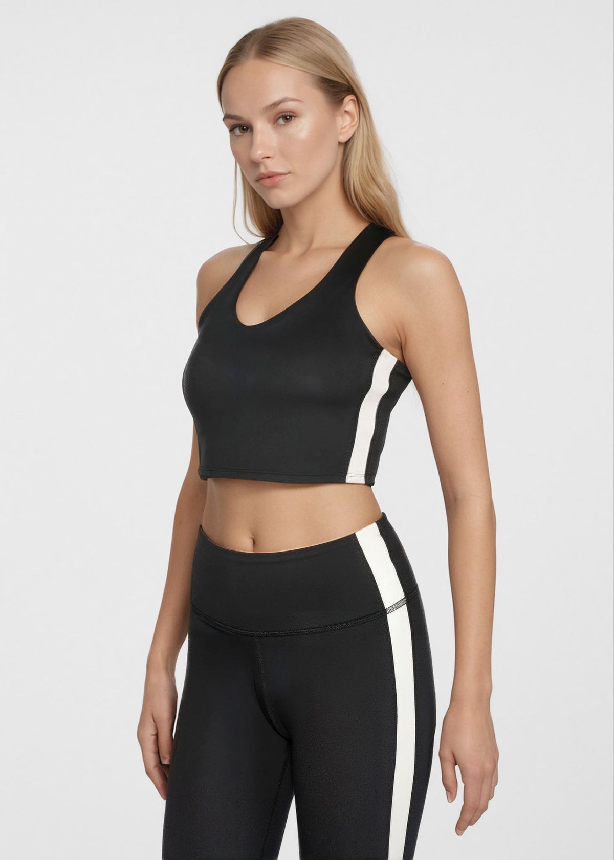 Trophy Yoga side split crop top in black, four-way stretch shirt made in USA