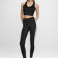 Trophy Yoga side split crop top in black, four-way stretch, made in USA