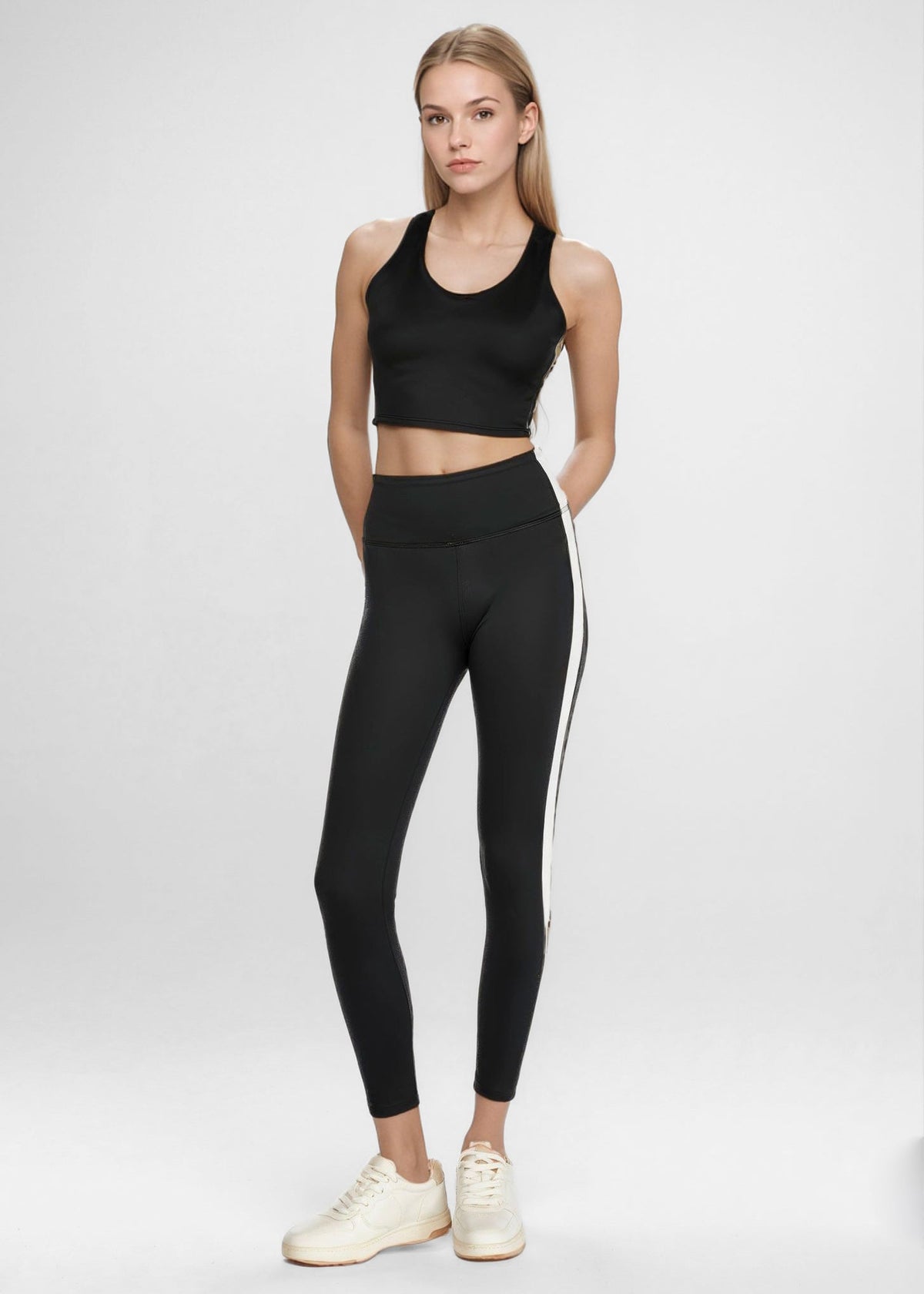 Trophy Yoga side split crop top in black, four-way stretch, made in USA