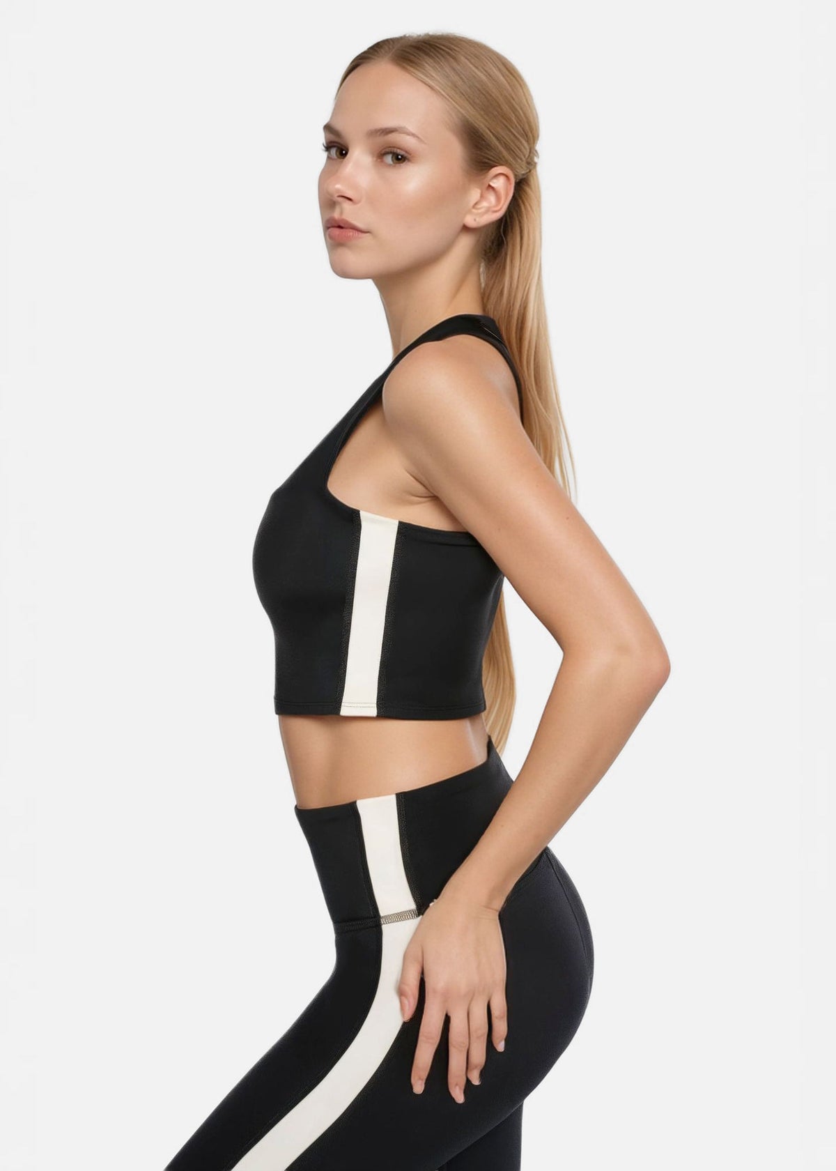 Trophy Yoga side split crop top in black, four-way stretch shirt made in USA